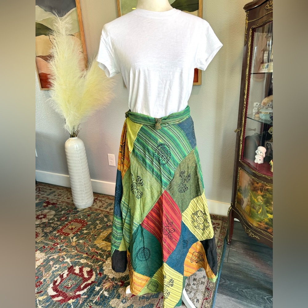 Artisan Nepal Cotton Patchwork Wrap Skirt- Green Mushroom